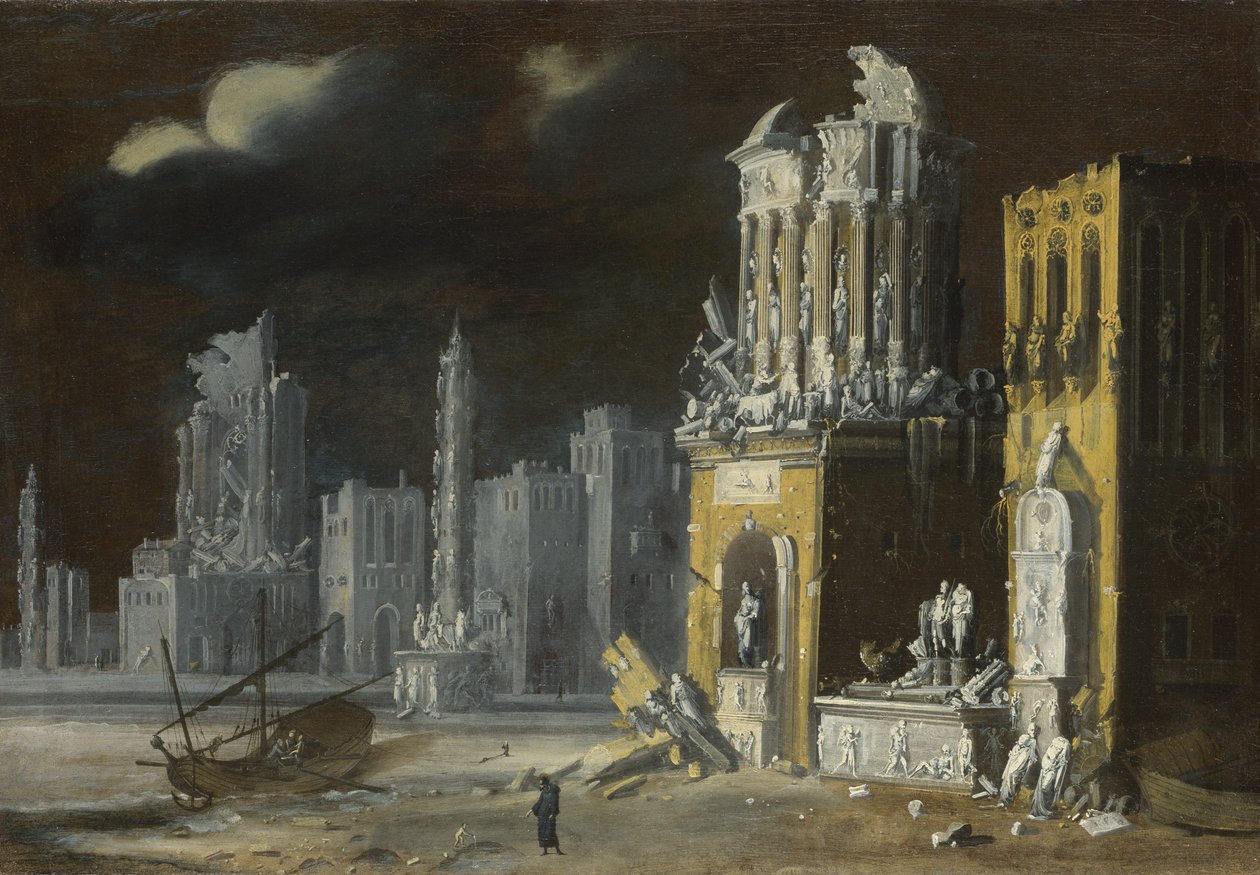 Fantastiske ruiner med Saint Augustine og barnet, 1623 af Francois de Nome