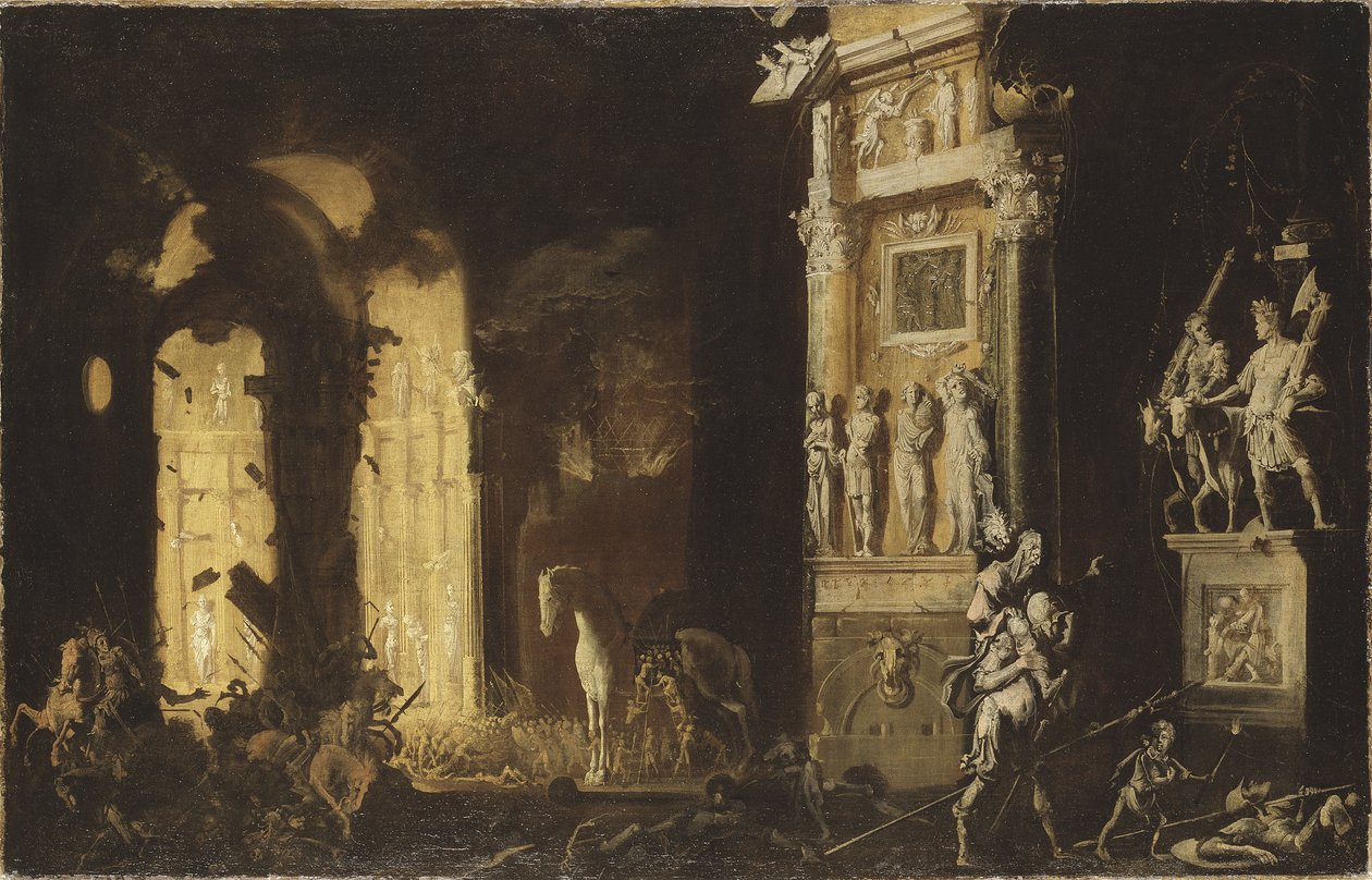 The Fire of Troy with Aeneas, der bærer Anchises, af Nome, Francois de af Francois de Nome