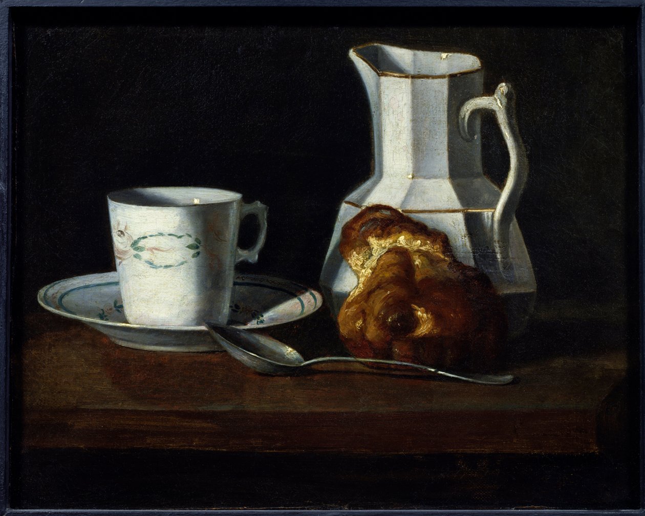 Stilleben en brioche Krus, kande mælk og brioche. Maleri af Francoise Bourin (1817-1887) Roanne fra det 19. århundrede, museum Joseph Dechelette. - Stilll-life, et kagekrus, mælkekande og brioche. Maleri af Francoise Bourin (1817-1887) af Francoise Bourin
