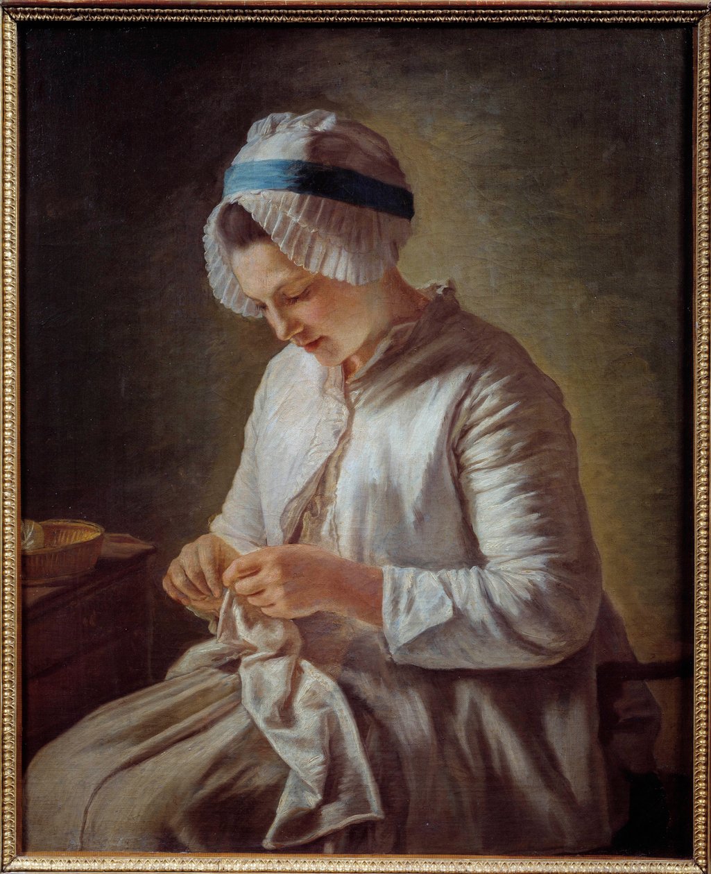 Portrait de woman har bogen Ung kvinde strikning. Maleri af Francoise Duparc (1726-1778) 1700-tallet søn. 0,78x0,64 m Marseille, musee des Beaux Arts - Portræt af en kvinde, der strikker. Maleri af Francoise Duparc (1726-1778) af Francoise Duparc