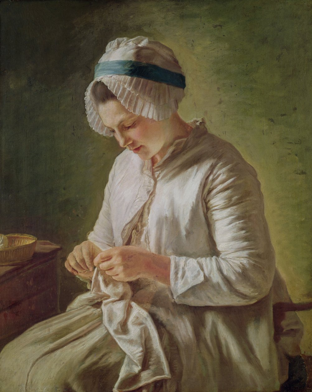 Syerinden eller ung kvinde arbejder (olie på lærred) af Francoise Duparc