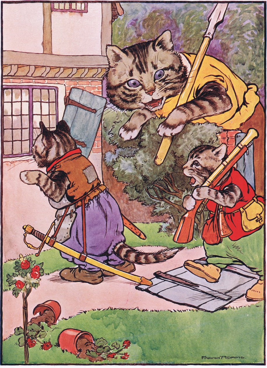 En kat med sine killinger kryber op til huset, illustration fra 