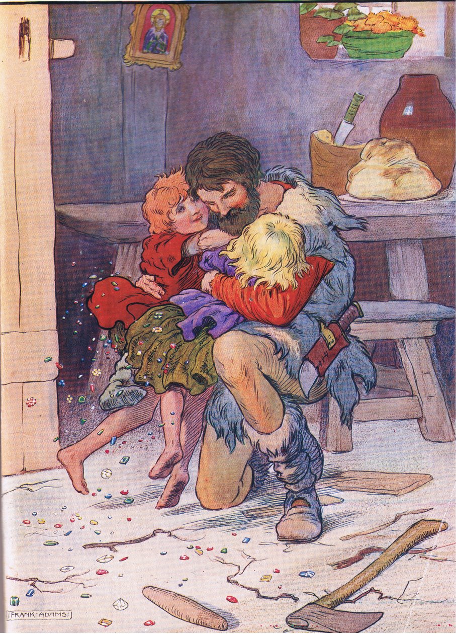 Da de åbnede døren, kastede de sig i deres fars arme, fra Hansel and Gretel udgivet af Blackie & Son Limited, ca. 1940 af Frank Adams