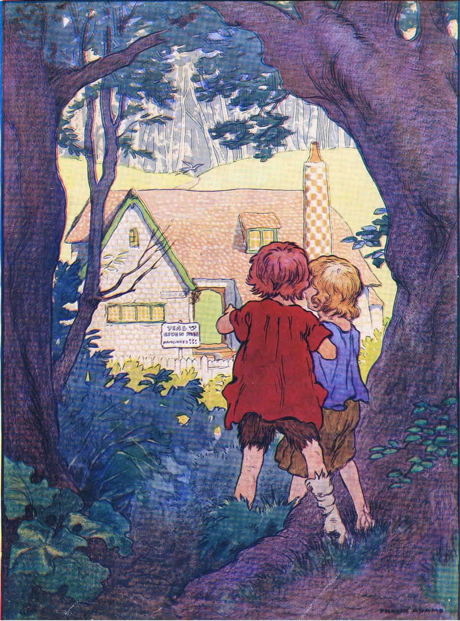 Midt i skoven stod et vidunderligt hvidt hus, fra Hansel and Gretel udgivet af Blackie & Son Limited, ca. 1940 af Frank Adams