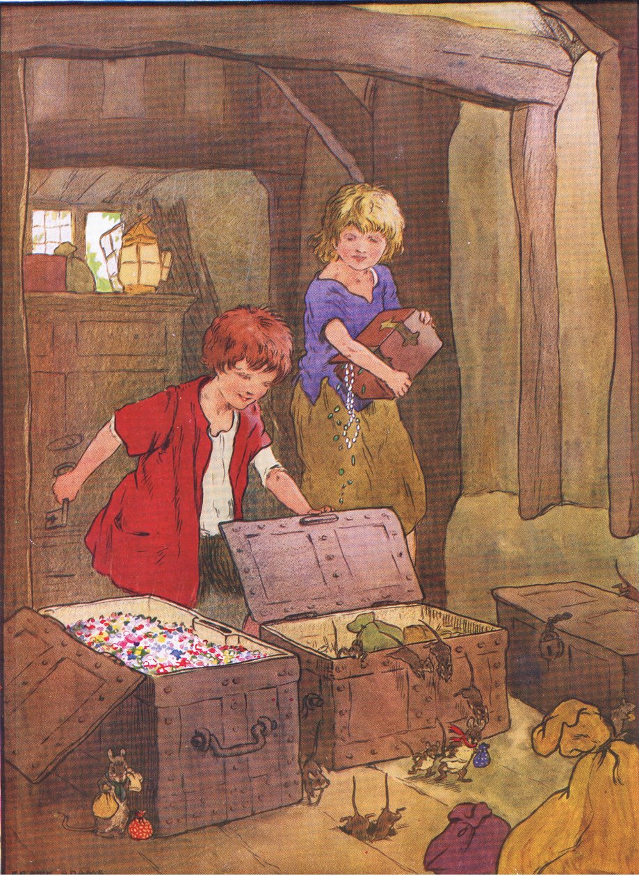 Da de åbnede kisterne, fandt de dem fulde af vidunderlige ædelstene, juveler og diamanter, fra Hansel and Gretel udgivet af Blackie & Son Limited, ca. 1940 af Frank Adams