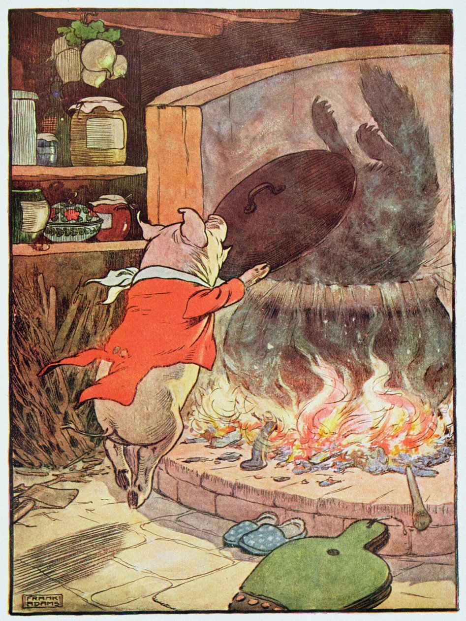 "Ulven faldt i vandet med et plask", illustration fra "De tre små grise", udgivet i 1930