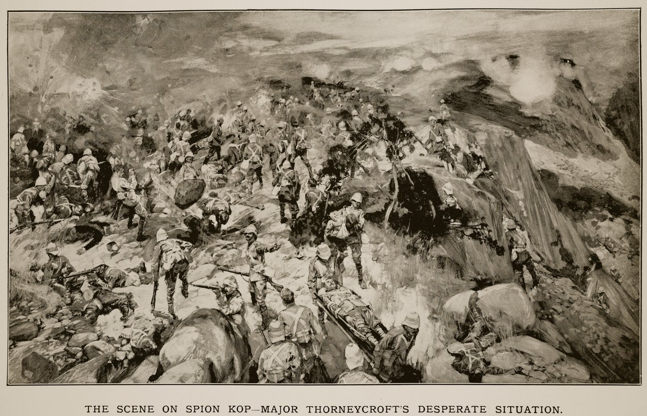 Scenen på Spion Kop: Major Thorneycrofts Desperate Situation, fra en skitse af en britisk officer af Frank Craig