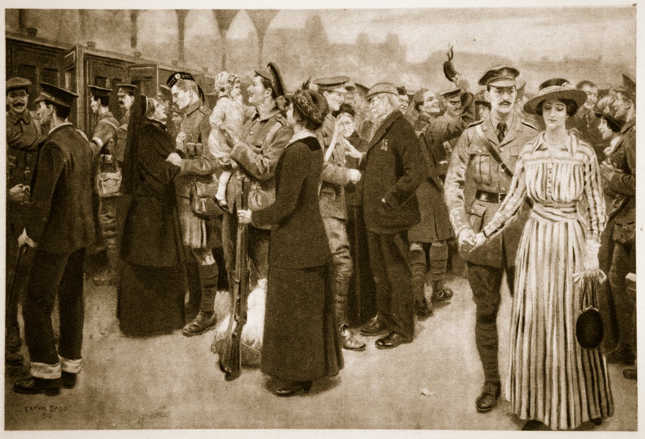Afskedsøjeblikket: En rørende scene på Victoria Station under krigstid, 1915 af Frank Dadd