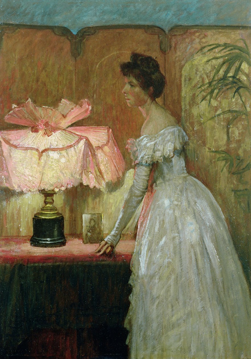 Lamplight Study of Interiør med Lady, 1891 af Frank Dicksee