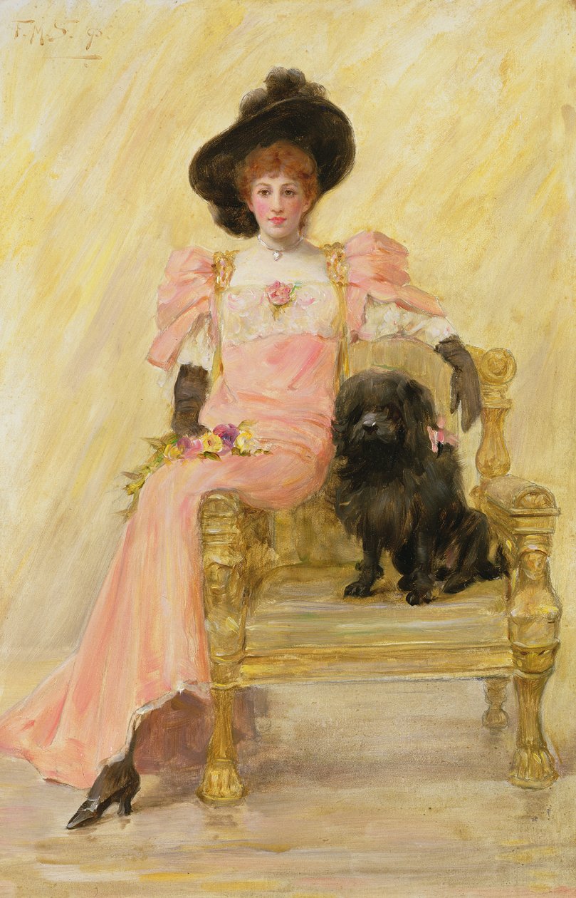 Portræt af en dame med sin hund af Frank Markham Skipworth