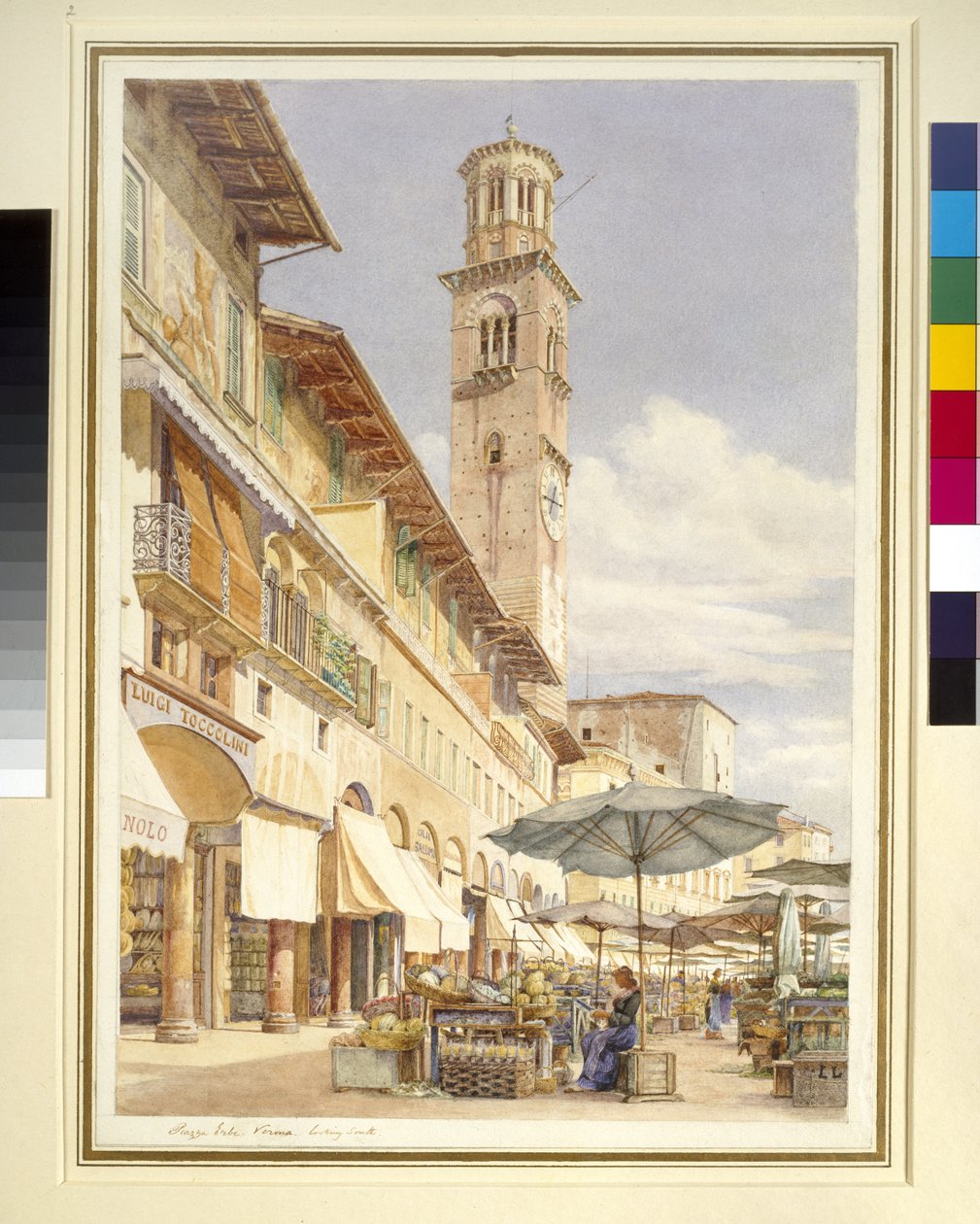 Piazza delle Erbe, Verona, juni - september 1884 (akvarel over grafit på vævet papir) af Frank Randal