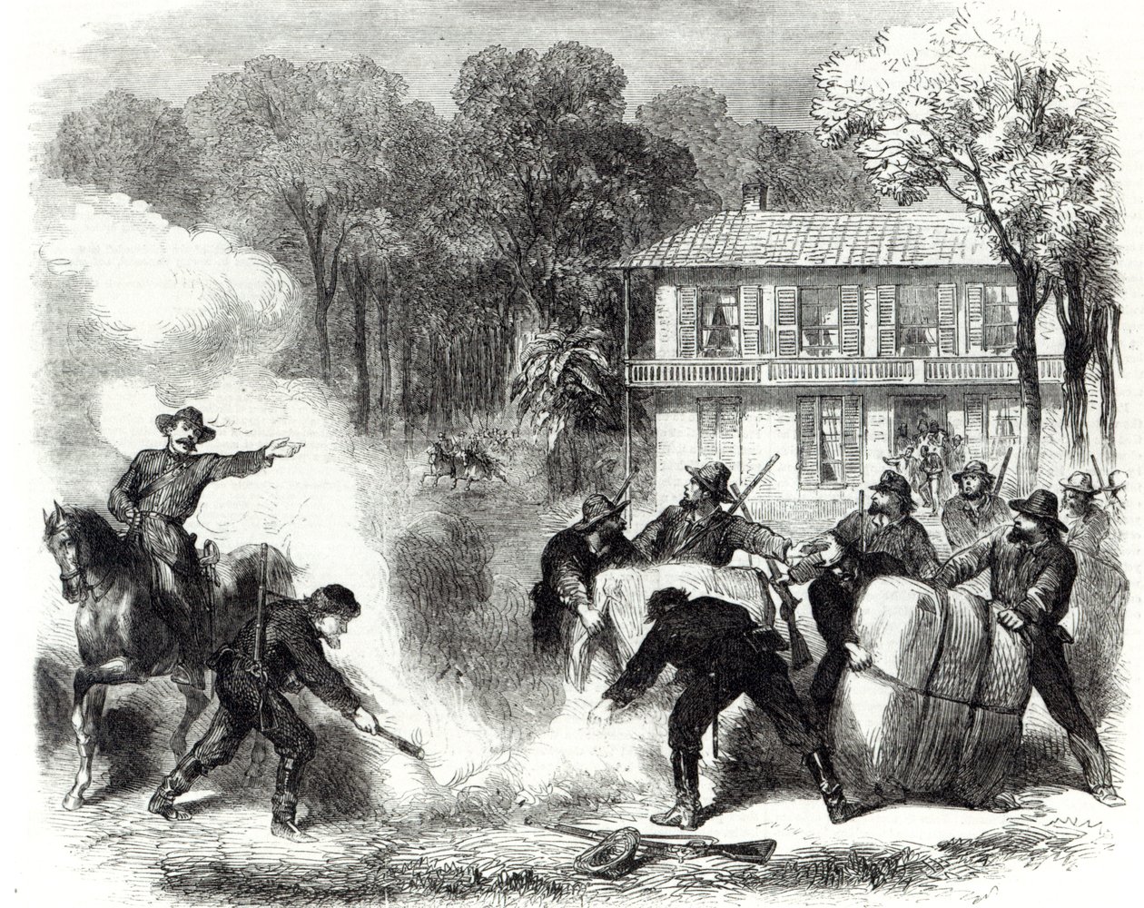 Konfødererede bomuldsbrændere nær Memphis overrasket af føderale spejdere under den amerikanske borgerkrig, 1862 af Frank Vizetelly