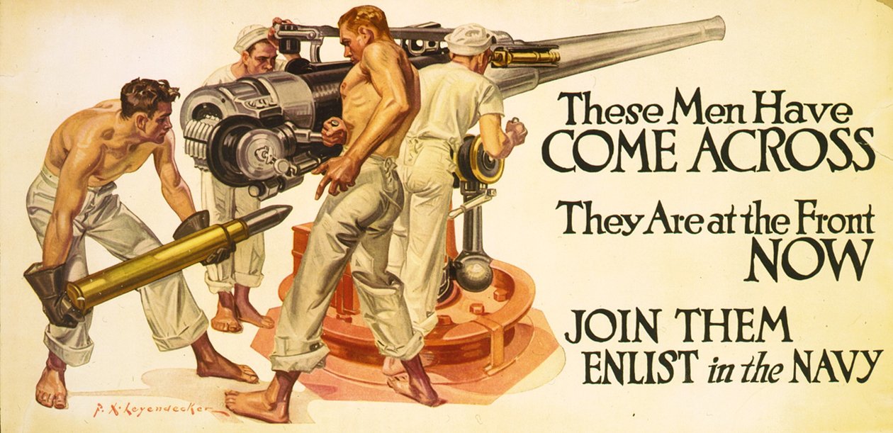 Disse mænd er stødt på, de er ved fronten nu. Slut dig til dem - meld dig til flåden, ca. 1918 (litografi) af Frank Xavier Leyendecker