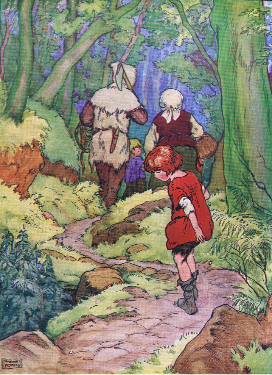 Hansel stoppede, og hver gang han tabte en hvid sten, fra Hansel and Gretel udgivet af Blackie & Son Limited, ca. 1940 af Frank Adams