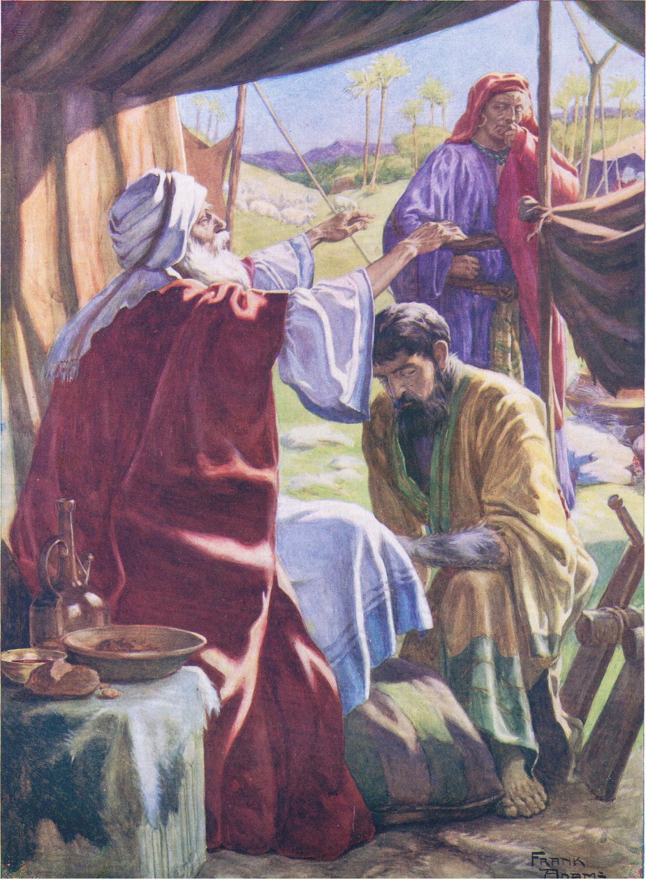 Jakob opnår velsignelsen, fra Bibelens billedbog udgivet af Thomas Nelson, ca. 1950 (farve litho) af Frank Adams