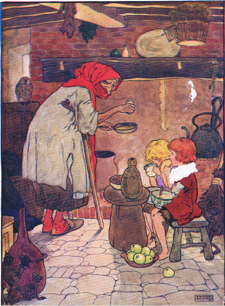 Hun førte dem ind og gav dem en smuk aftensmad fra Hansel and Gretel udgivet af Blackie & Son Limited, ca. 1940 af Frank Adams