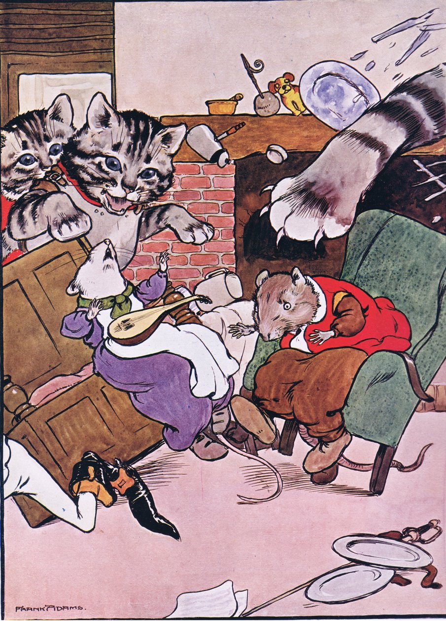 Katten og hendes killinger kom væltende ind, illustration fra "The Frog would a Wooing Go", af Charles H. Bennett, 1916 af Frank Adams