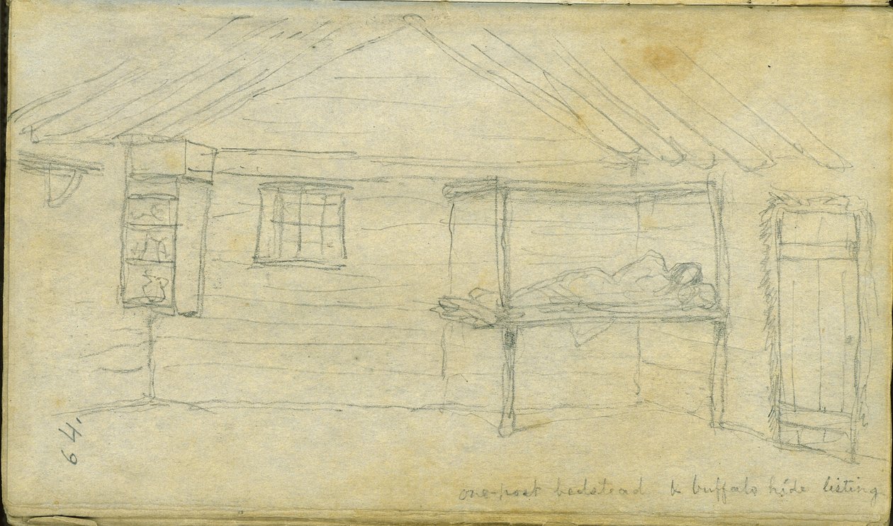 En-stolpet sengestel og bøffelskjul, 1851 af Frank Blackwell Mayer