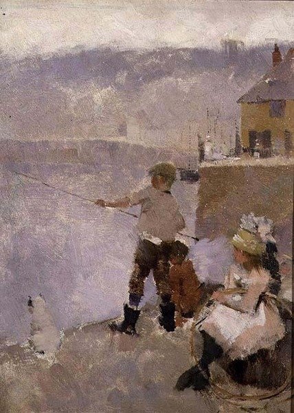 Fiskeri på kajen af Frank Bramley