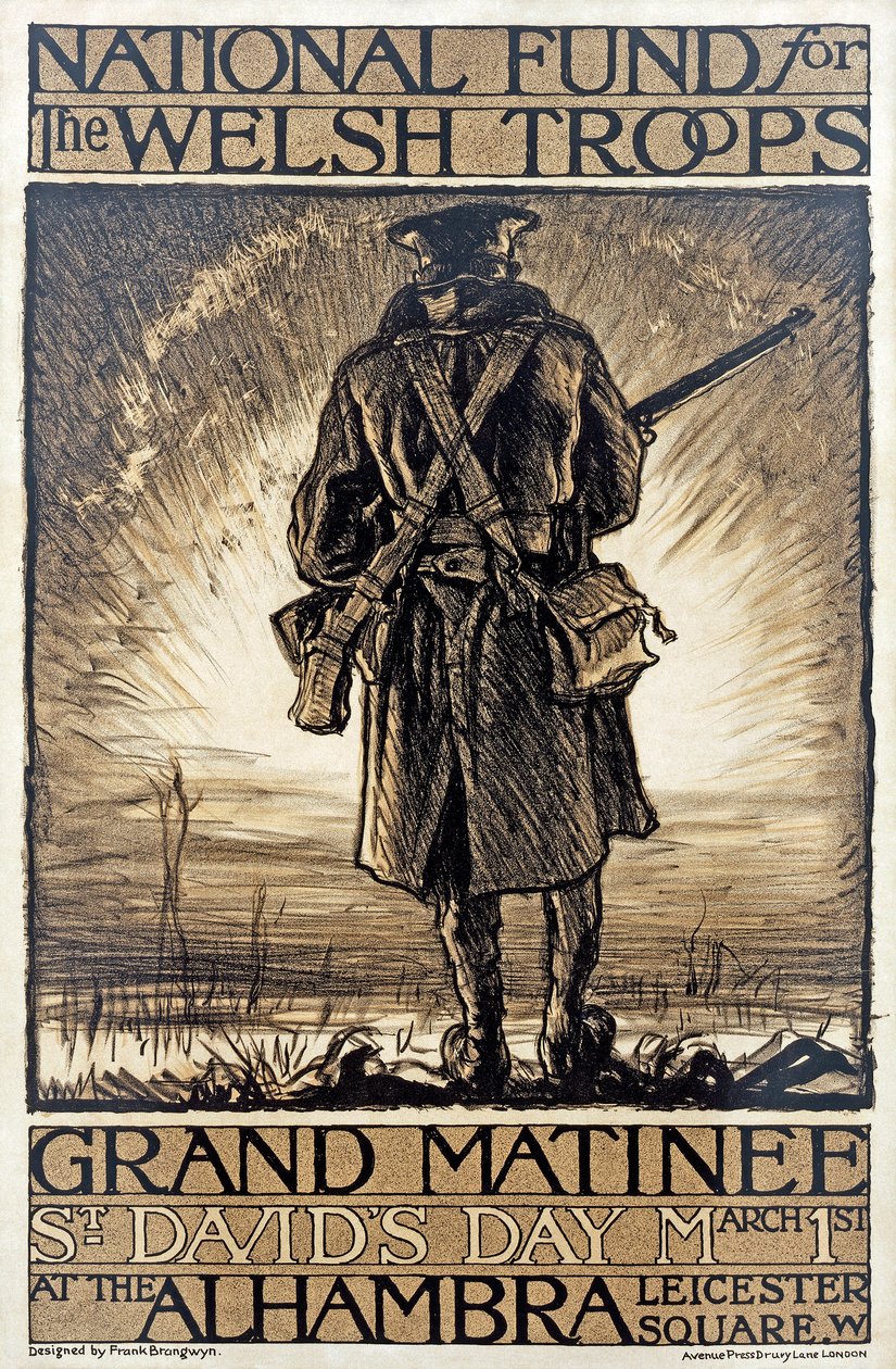 Plakat, der reklamerer for en fundraising-begivenhed for National Fund for the Welsh Troops, 1. marts, 1915, af Frank Brangwyn