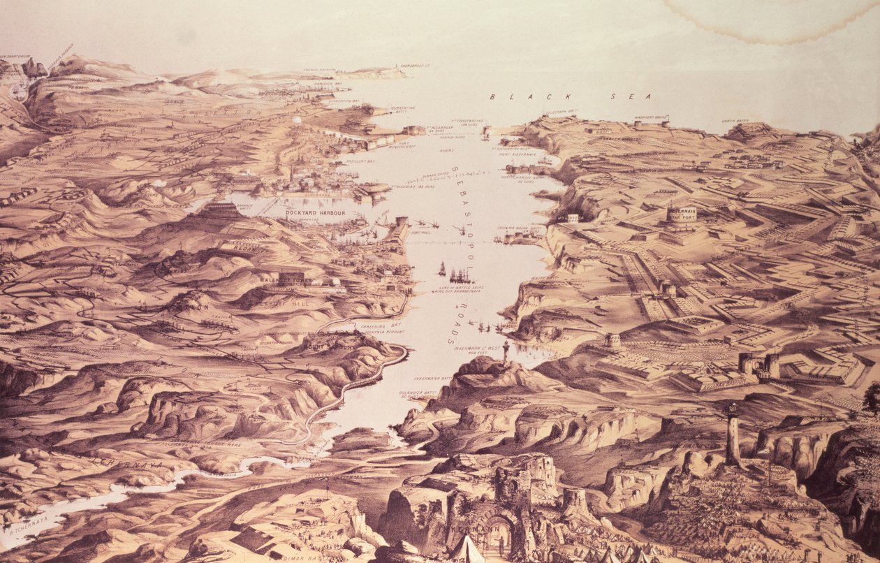 Panoramaudsigt over nord- og sydsiden af havnen og havnen i Sebastopol, designet og litograferet af Thomas Packer, pub. af Stannard og Dixon, 1855 af Frank C. Hughes