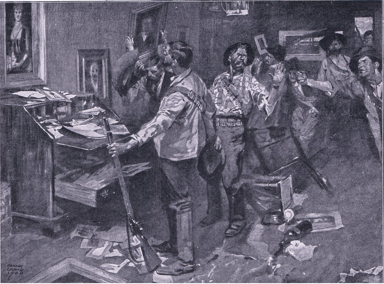Respekteret selv af fjender: en hændelse af et boerraid i Natal, illustration fra After Pretoria: The Guerilla War, 1902 af Frank Craig
