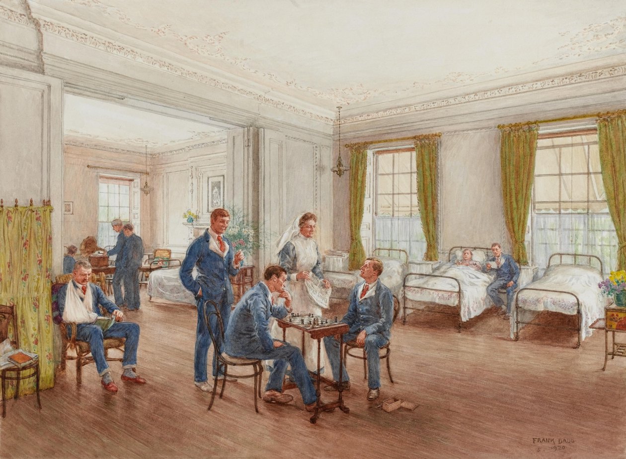 Rekonvalescerende soldater spiller skak på en afdeling på Sulhampstead House Hospital, Berkshire, ca. 1918 (wc på papir) af Frank Dadd