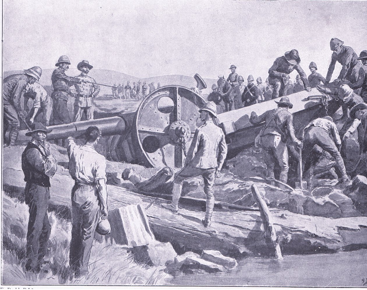 At få en pistol over et grimt sted, illustration fra After Pretoria: The Guerilla War, 1902 af Frank Dadd