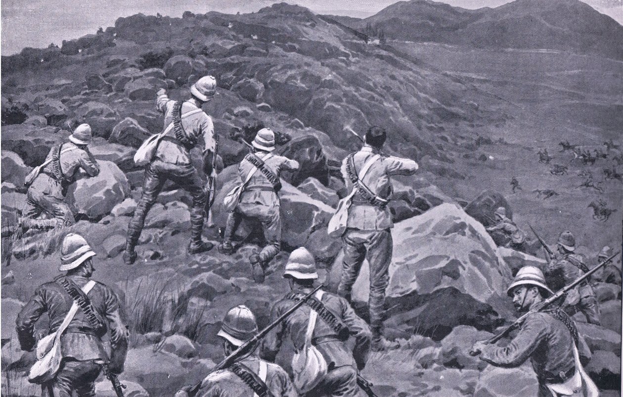 Forfølgelse af De Wets bagtrop i Takesberg, fra After Pretoria: The Guerilla War udgivet af Harmsworth Bros Limited af Frank Dadd