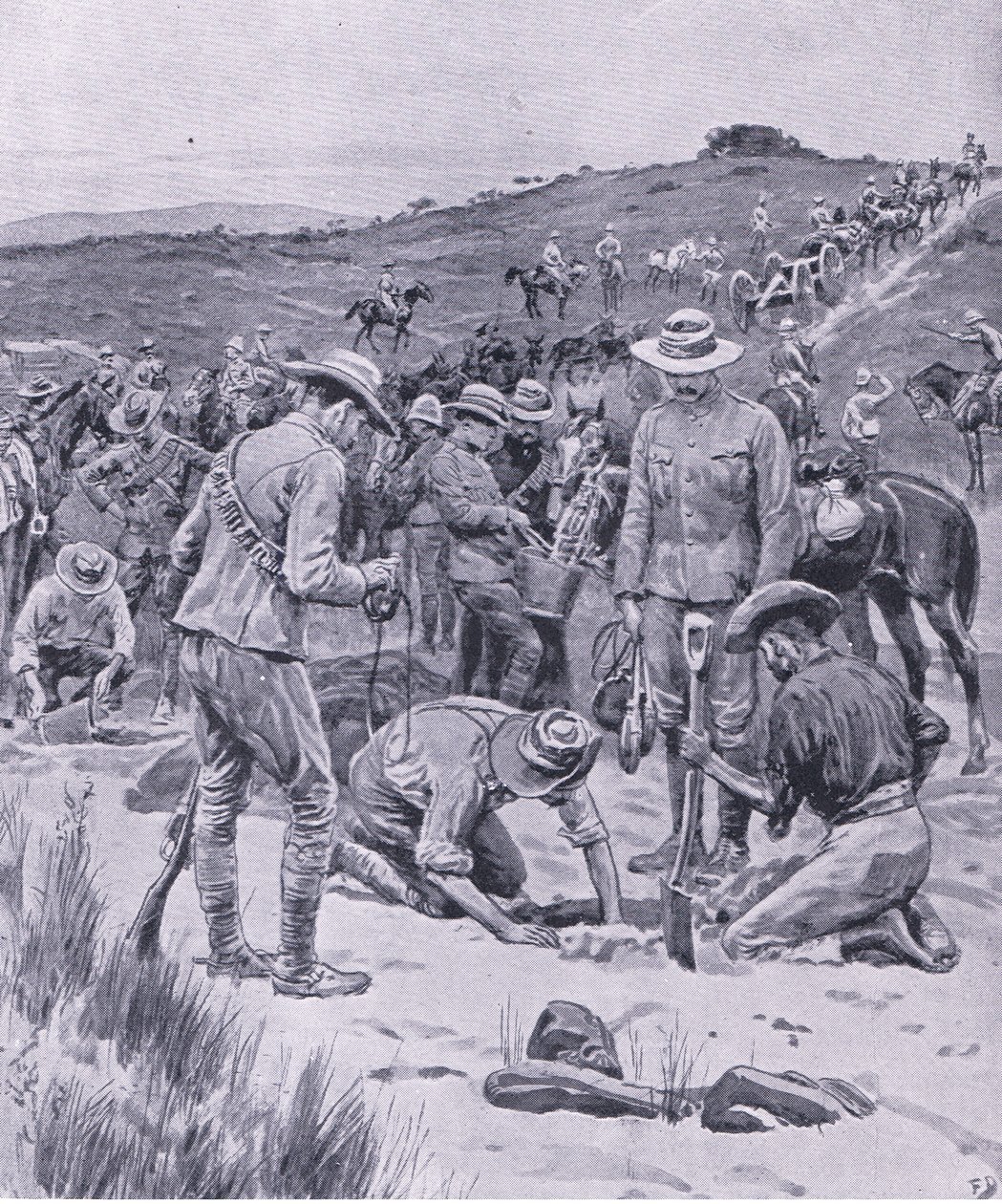 Searching for water, fra After Pretoria: The Guerilla War udgivet af Harmsworth Bros Limited, 1901 af Frank Dadd