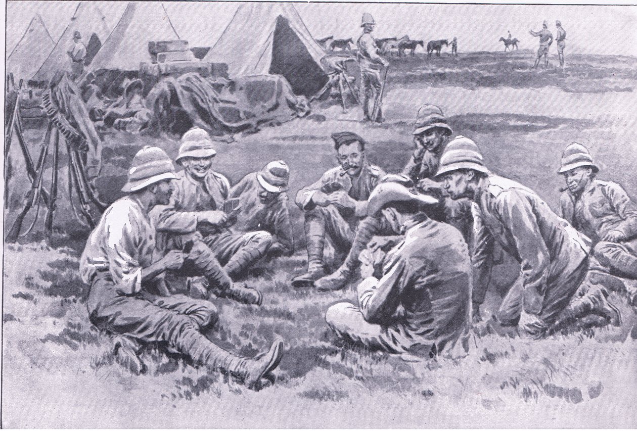 Trætte soldater, der nyder et hvil, fra After Pretoria: The Guerilla War udgivet af Harmsworth Bros Limited, 1901 af Frank Dadd