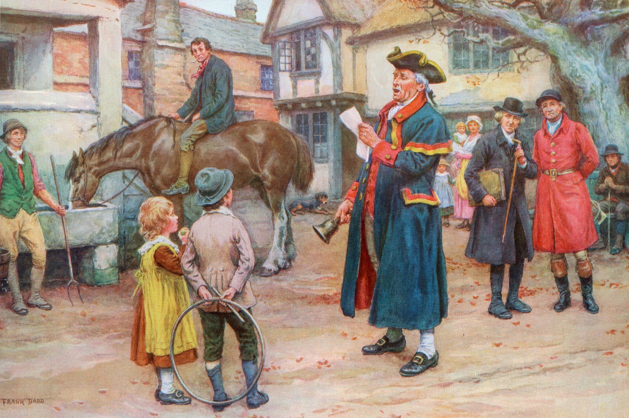 Town Crier Reading the News, c.1925 (Screenprint) af Frank Dadd