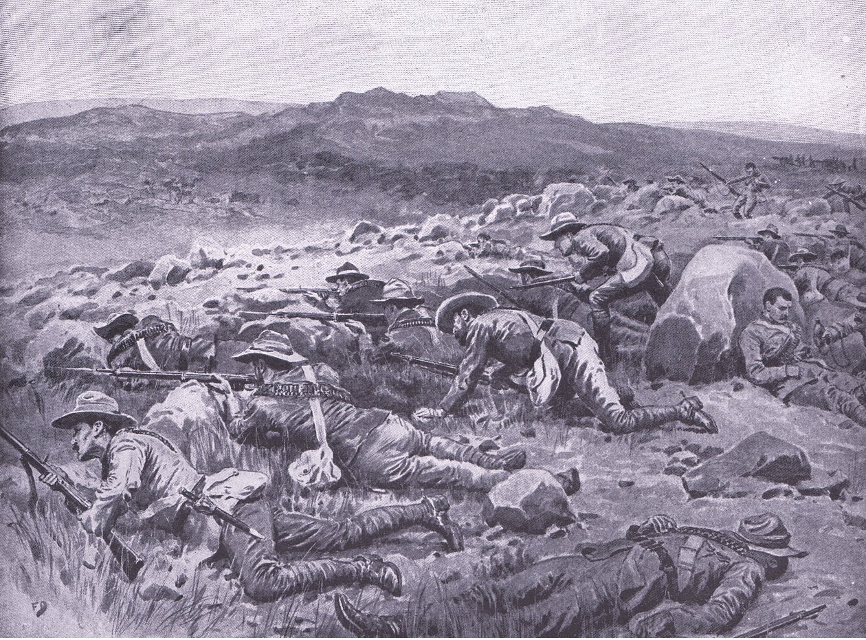 Sammen med Queensland Imperial Bushmen ved Rhenoster Kop 29. november 1900, illustration fra Efter Pretoria: The Guerilla War, 1902 af Frank Dadd