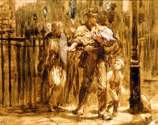 An Urban Family (blyant, akvarel og kropsfarve på papir) af Frank Dicksee