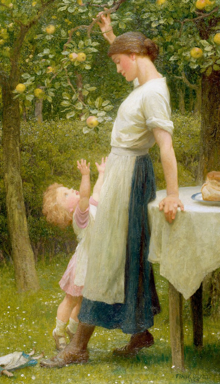 "Daughters of Eve" En lille pige forsøger at fange et æble på en gren. Akvarel af Frank Dicksee (1853-1928) 1925 Privat samling af Frank Dicksee