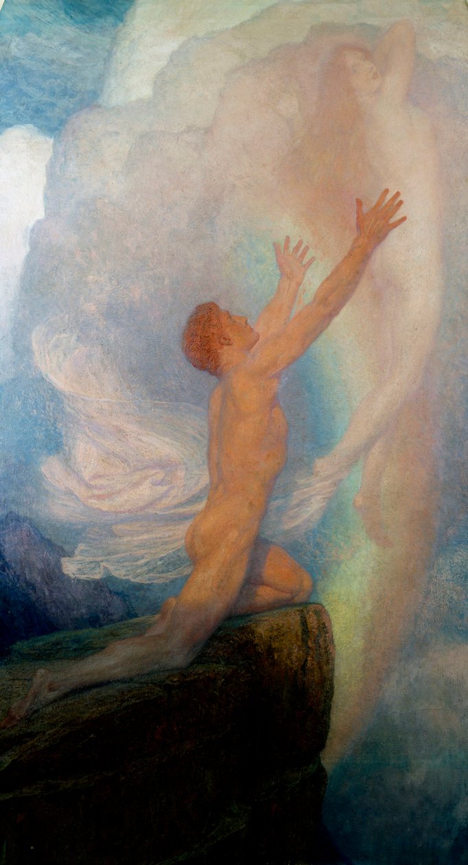 "In Quest of Truth" er en allegorisk fremstilling af søgen efter sandhed med en mand på toppen af et bjerg, der forsøger at fange en flygtig kvindeskikkelse. Maleri af Frank Dicksee (1853-1928) (prerafaelit) af Frank Dicksee