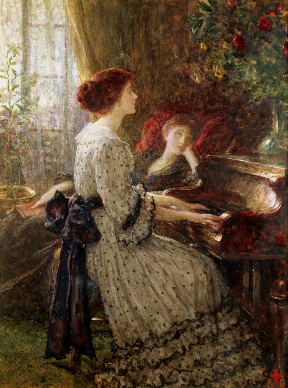 "Old Songs To kvinder i et victoriansk middelklasseinteriør, den ene spiller klaver, mens den anden lytter længselsfuldt fra en lænestol. Maleri af Frank Dicksee (1853-1928) Privat samling af Frank Dicksee