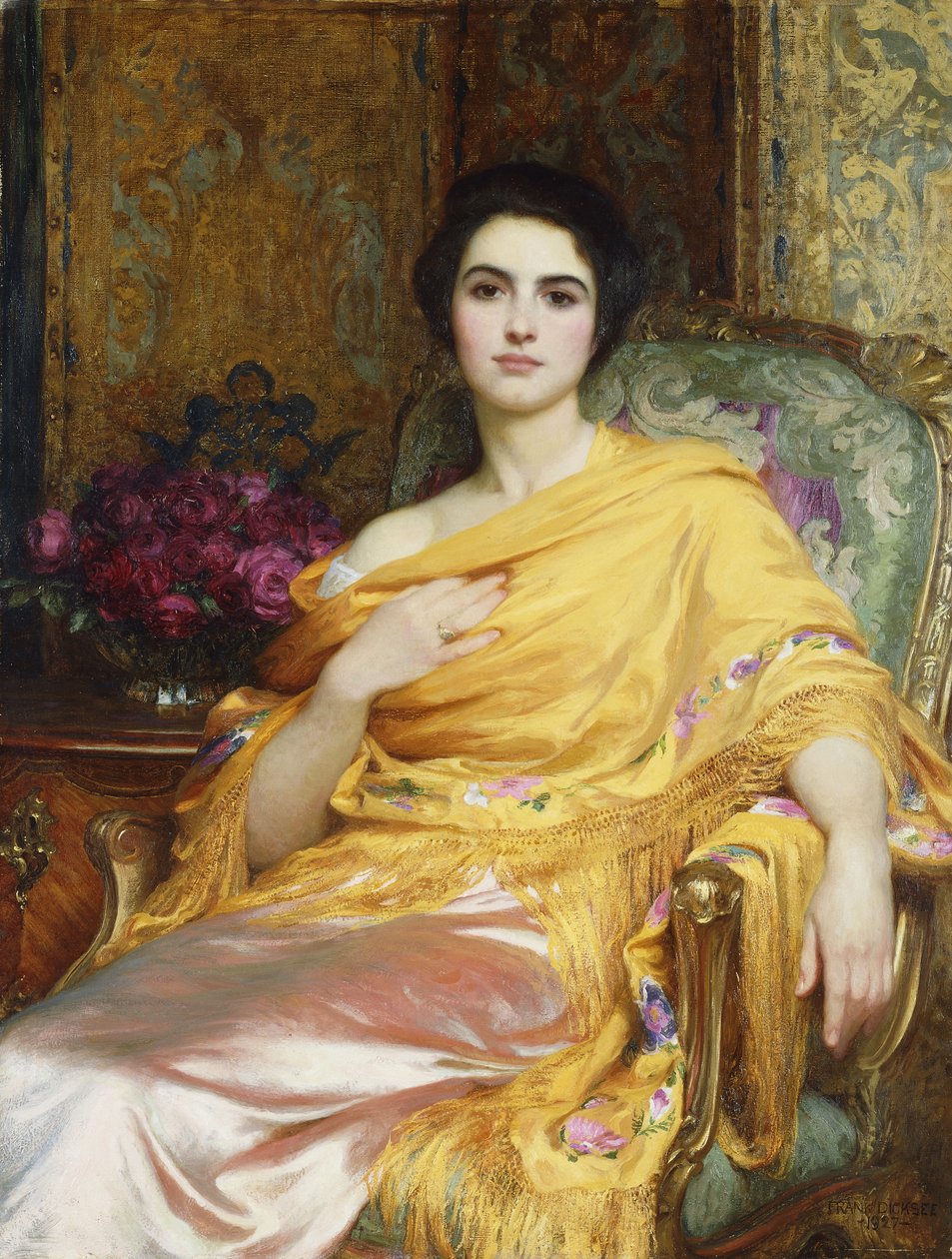 Portræt af Elsa, datter af William Hall, trekvart længde, siddende iført en lyserød kjole og gul omslag, 1927 af Frank Dicksee