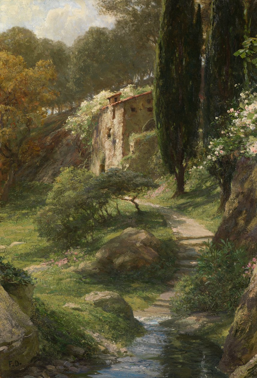 The Old Mill at La Mortola (Olie på panel) af Frank Dicksee