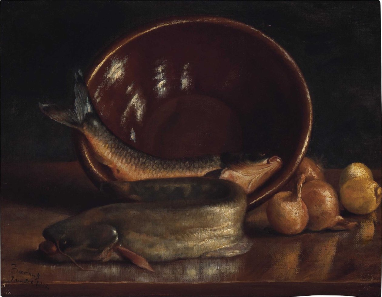 Stilleben med fisk af Frank Duveneck