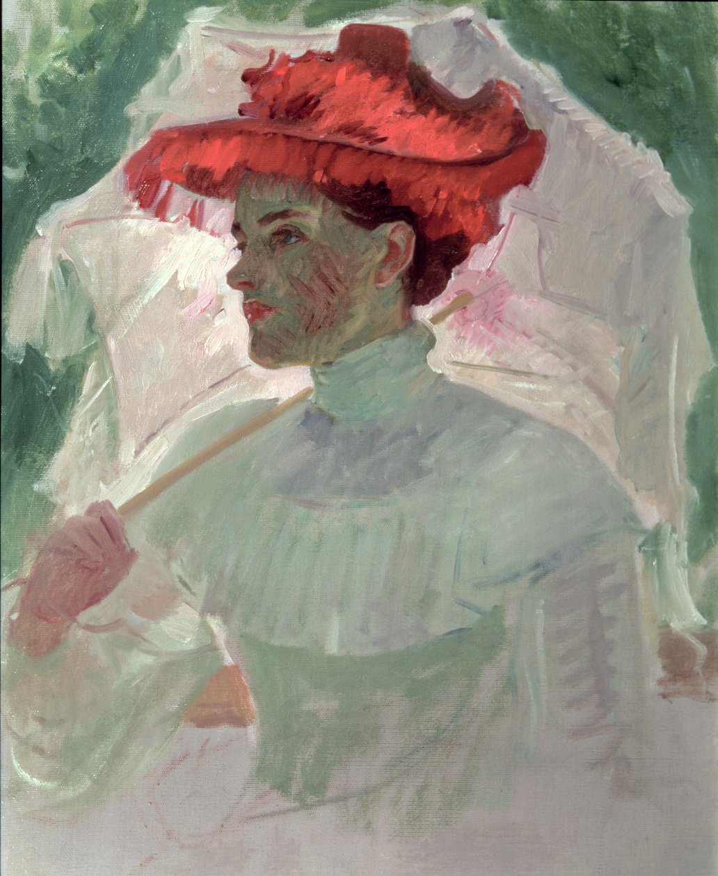 Kvinde med rød hat og parasol af Frank Duveneck