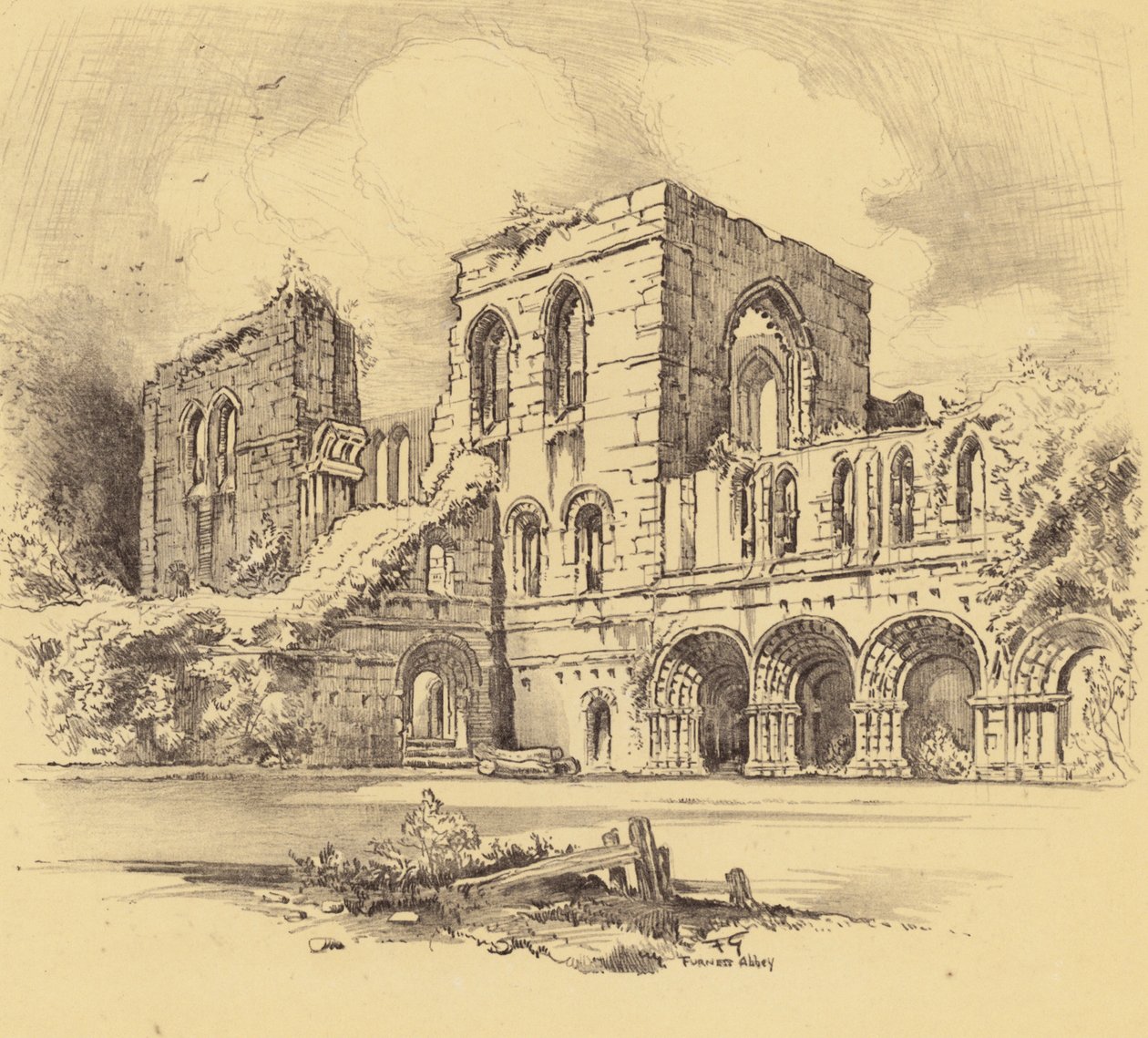 Furness Abbey (litografi) af Frank Greenwood