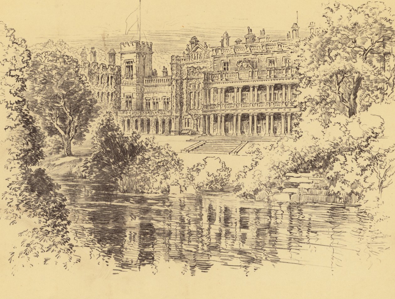 Knowsley Hall (litografi) af Frank Greenwood