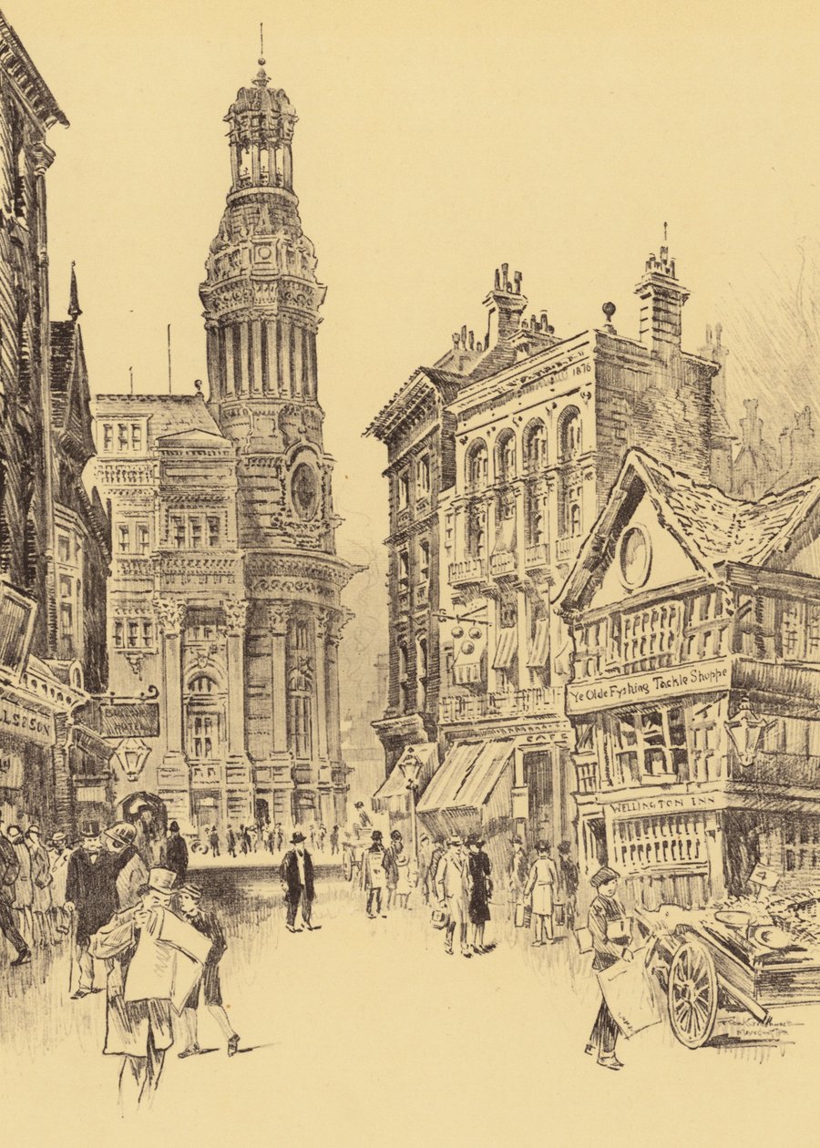 Manchester, The Royal Exchange og Old Market Place (litografi) af Frank Greenwood