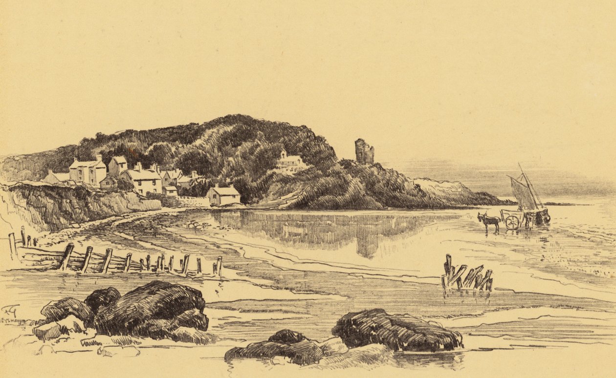 Old Heysham ved lavvande (litografi) af Frank Greenwood