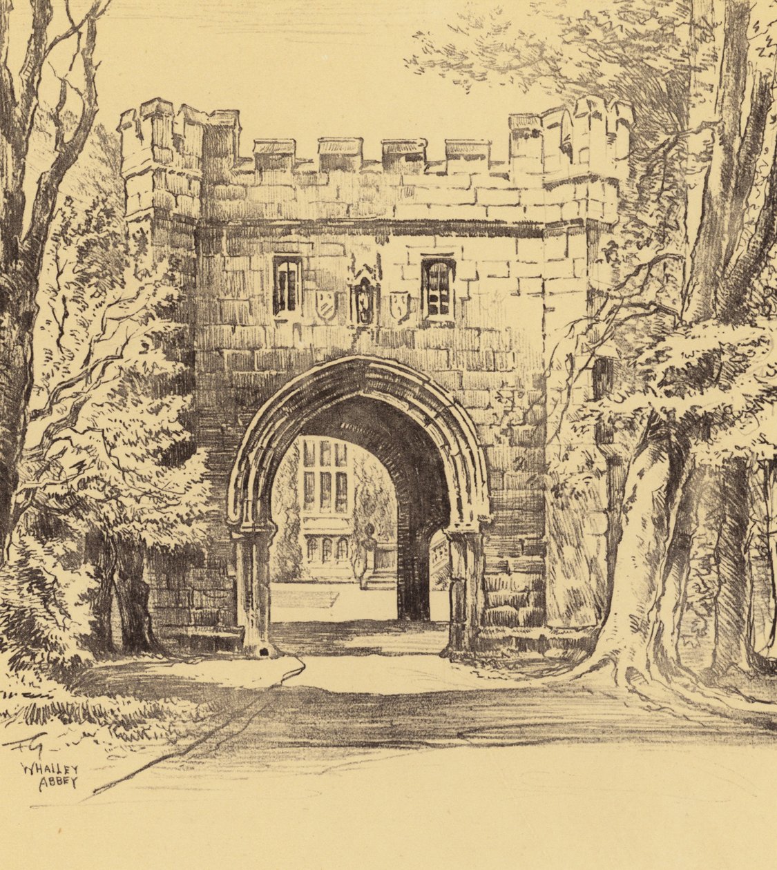 Whalley Abbey, Den nordøstlige port (litografi) af Frank Greenwood