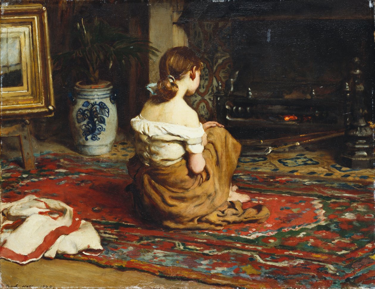 Ved pejsen, 1878 af Frank Holl