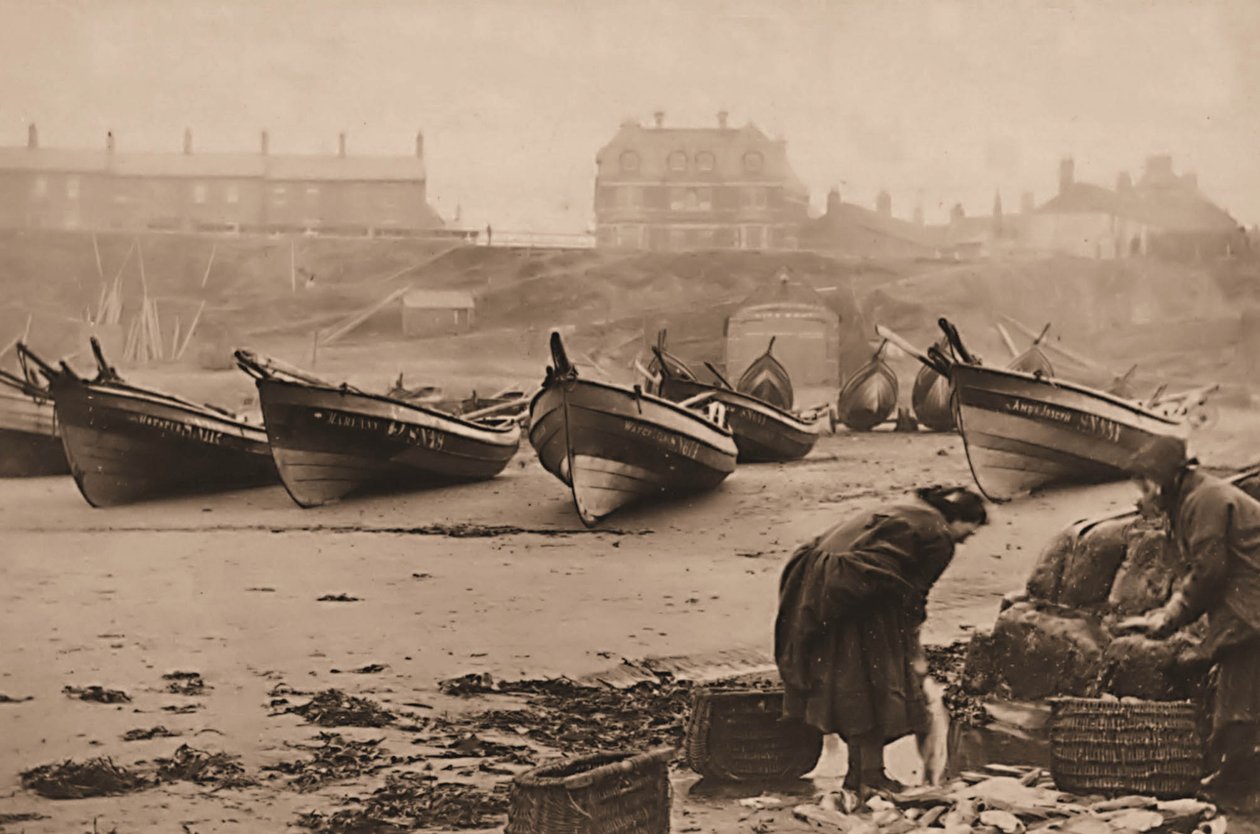 Kvinder læsser fisk i kurve fra fiskerbådene, Whitby Harbor af Frank Meadow Sutcliffe