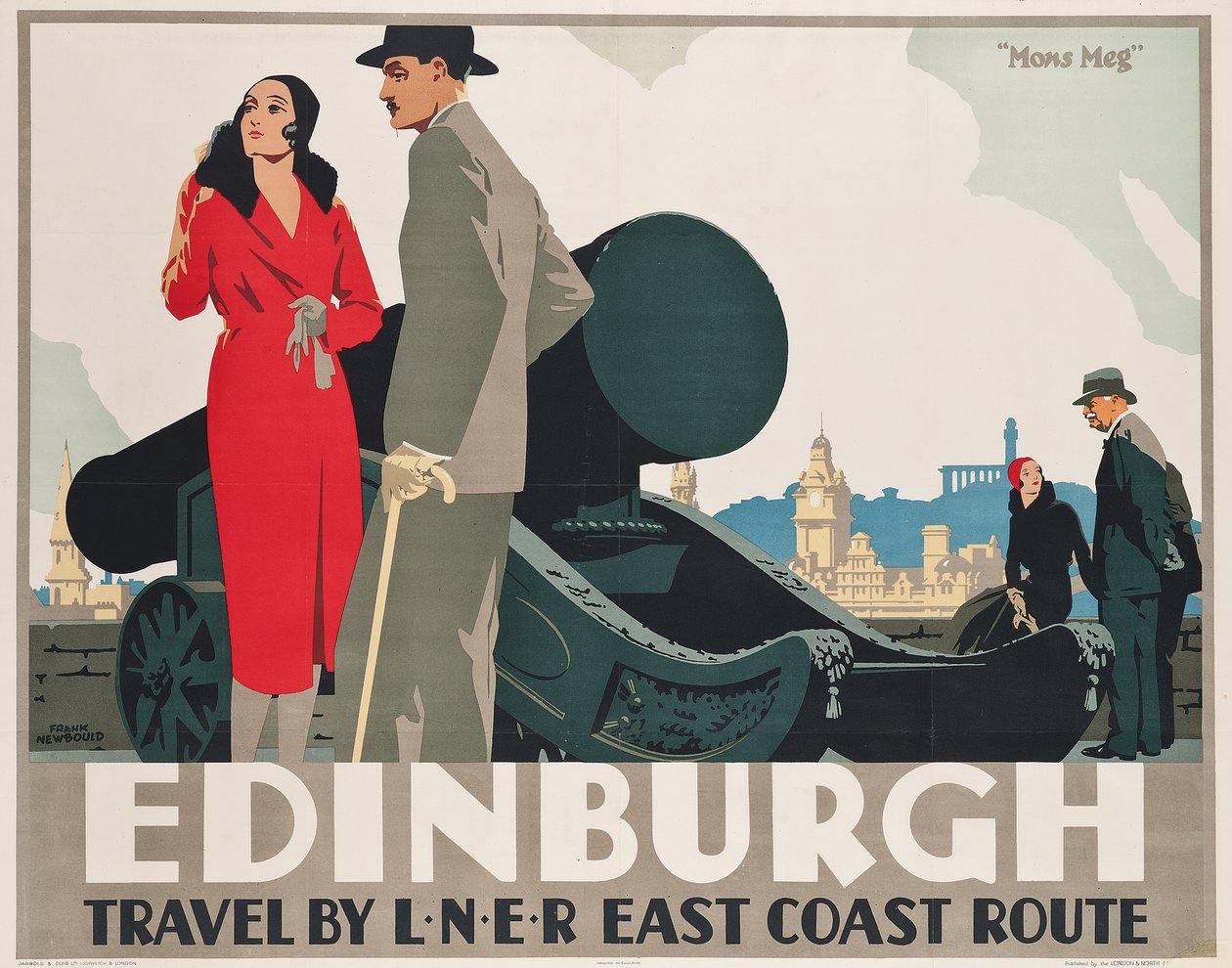 Plakat, der annoncerer LNERs østkystruter til Edinburgh af Frank Newbould