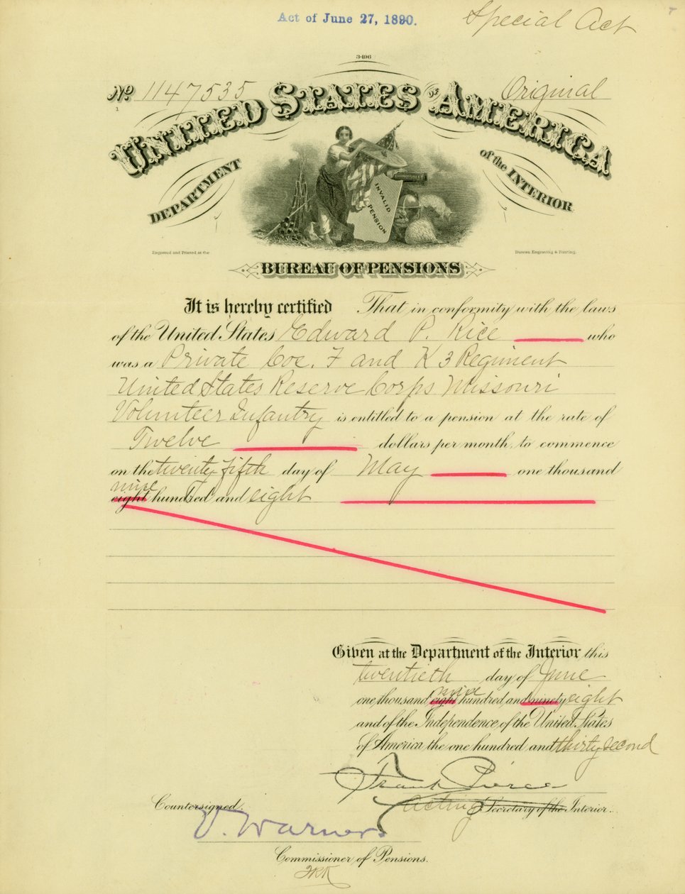 Meddelelse om pension til Edward Parker Rice, 20. juni 1908 af Frank Pierce